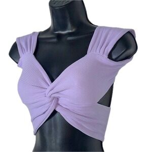 NWT XS Ribbed Knit Twist Front Crop Top Sleeveless Lilac Purple Blouse Backless